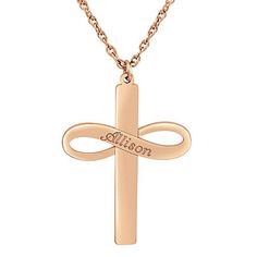 Features: Personalized, Religious JewelryJewelry Closure: Spring Ring ClaspLink Construction: SolidShape: CrossMetal Color: RoseChain Length: 18 InchChain Width: 1 MillimetersPendant Length: 23mmPendant Width: 30mmChain Construction: RopeCare: Wipe CleanMetal: 14k Gold, 14k Rose GoldNecklace Type: Pendant NecklacesAssembled in the US from Imported Materials Personalized Rose Gold Cross Jewelry, Personalized Gold Infinity Necklace, Personalized Infinity Gold Necklace, Personalized Rose Gold Cross Pendant Jewelry, Gold Infinity Jewelry With Name, Gold Infinity Necklace With Name, Cross-shaped Name Jewelry For Anniversary, Anniversary Jewelry With Name And Cross Shape, Name-engraved Cross Jewelry For Anniversary