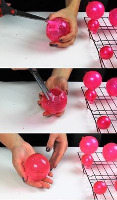 three pictures show how to make pink balls with scissors and wire racking on the table