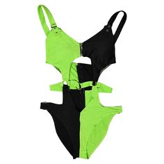 three pieces of neon green and black swimsuits with straps on the bottom, one in