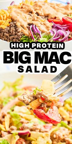 Collage of a closeup of a Big Mac Salad in a white bowl and a forkful of the salad. Low Carb Big Mac Bowl, Big Mac Bowls Keto, Healthy Mac Sauce, Big Mac Salad Low Carb, Big Mac Bowls Healthy, Keto Burger Salad, Vegetarian Big Mac Salad, Burger Bowl Salad, Big Mac In A Bowl Keto