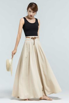 "Get dressed and out of the door in classic good looks with this pleated maxi skirt, crafted with soft cotton linen fabric, featuring pleated waist detail and twin big pockets. DETAIL * 50% linen ,50% cotton * No Lining, Not see through * Pleated waist * Ankle Length * Two pockets * Belt loops on waistband * Side zipper closure * Perfect for spring and summer. * The belt model wears is not for sale * More color and More size https://etsy.me/2Q0qceO SIZE GUIDE Size vary between Brand and Country Linen Maxi Skirt Outfit, Linen Skirt Outfit, Maxi Linen Skirt, Clothes Capsule Wardrobe, Maxi Skirt Outfit, Long Linen Skirt, Linen Maxi Skirt, Outfit For Summer, Skirt Linen