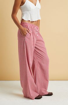 Red Gingham Boxer Pants Casual Gingham Wide Leg Bottoms, Plaid Relaxed Fit Summer Pants, Summer Plaid Relaxed Fit Pants, Casual Wide Leg Gingham Bottoms, Summer Relaxed Fit Plaid Pants, Spring Gingham Loungewear Bottoms, Summer Plaid Loungewear Pants, Gingham Bottoms For Spring Loungewear, Summer Plaid Pants For Loungewear