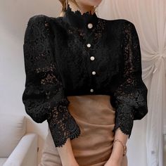 Beautiful Button Down Shirt For Queen Fashionistas! Stunning Lace Trim Comfortable Stand Collar Blouse, Women Lace Blouse, Lace Blouse Long Sleeve, Patchwork Shirt, Patch Work Blouse, Feminine Blouses, Petal Sleeve, Elegant Blouses, Lace Patchwork