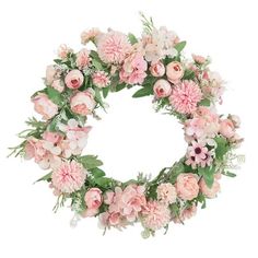 a wreath with pink flowers and greenery