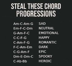 the back cover of steal these chords progressions, which are written in black and white