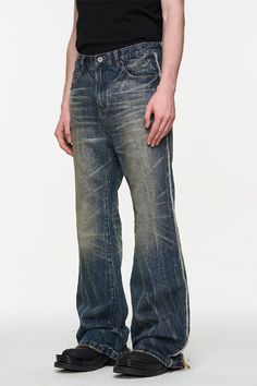 Discover the perfect blend of style and comfort with the Blue Washed Heavy Whiskered Jeans from BLIND/NO PLAN's Spring/Summer '24 collection. Made from 95% cotton and 5% viscose, these jeans feature an oversized fit, ensuring maximum comfort. Easy to care for, simply machine or hand wash with water under 40°C, avoid bleach, and iron reversed on low temperature. Size Waist (cm) Hip (cm) Length (cm) Thigh (cm) XS 72 92 106 56 S 78 98 109 59 M 82 102 111 61 L 86 106 113 63 Urban Blue Cotton Flare Jeans, Casual Indigo Flare Jeans, Casual Indigo Cotton Flare Jeans, Indigo Cotton Bottoms For Streetwear, Blazer And T Shirt, Cami Shirt, Varsity Jacket Men, Shorts Sweatpants, Denim Trousers