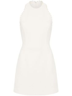 ivory white faux-pearl embellishment bow detailing high neck rear zip fastening sleeveless thigh-length straight hem White Mini Dress With Back Zipper For Cocktail, Elegant High Neck Dress With Back Zipper, Formal Halter Neck Mini Dress With Back Zipper, Chic Pearl-embellished Mini Dress For Cocktail, Chic White Mini Dress With Back Zipper, Elegant High Neck Mini Dress With Back Zipper, Chic White Dress With Back Zipper, Pearl Embellished Mini Dress For Wedding, White Mini Dress With Back Zipper For Wedding