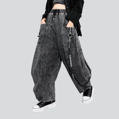 Welcome to the ultimate statement piece of 2023 Autumn Collection: grey baggy women's denim pants! Fusing vintage allure with today's spirited fashion pulse, this must-have piece exudes Y2K style with its high-waisted, drawstrings closure design. Whether you’re at a beachside party or a night out in town, these pants will instantly elevate your wardrobe with a timeless yet edgy look! Distinctive Features: Y2K Style: Bringing back the era of classic style with high-waisted, baggy silhouette. Vint Edgy Baggy Wide Leg Jeans, Edgy Baggy Wide Leg Cargo Jeans, Baggy Washed Black Cargo Jeans For Spring, Washed Black Baggy Cargo Jeans For Spring, Edgy Baggy High-waisted Jeans, Edgy Baggy High Waist Jeans, Relaxed Fit High-waisted Jeans For Streetwear, Edgy High Waist Baggy Jeans, Edgy Oversized Jeans With Pockets