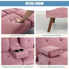 the instructions for how to make a pink couch with footrests and pillows on it