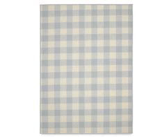 a gray and white checkered rug