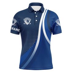 a blue and white polo shirt with an image of a fish on the chest, in front of a white background