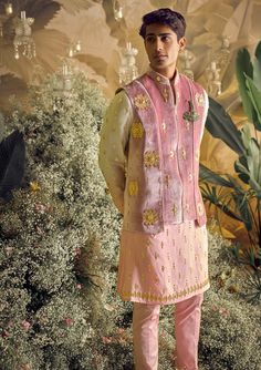 Papa Don'T Preach By Shubhika-Hugo Pink Ombre Kurta And Koti Set-INDIASPOPUP.COM Pink Kurta, Metal Embellishments, Shirt Jacket Men, Pink Vest, All Pink, Green Blazer, 3d Metal, Chino Pants, Kurta Designs