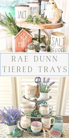 a tiered tray with pots and plants on it that says rae dunn tired trays