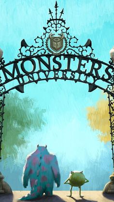 an illustration of monsters under a sign that says monsters on the front and side of it