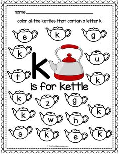 the letter k is for kettle worksheet with an image of a teapot