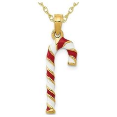 Polished shimmering 14 karat yellow gold is adorned with red and white enamel to bring this Christmas Candy Cane charm pendant to life. The delicious and affordable holiday treasure with 18 inch yellow gold chain included. This holiday pendant is 1 inch in length and 1/3 inch in width and weighs 0.95 grams. 14K Yellow Gold Candy Cane Charm Pendant Necklace with Chain Size: one size.  Gender: female.  Age Group: adult. Gold Candy, Charm Pendant Necklace, Christmas Candy Cane, Yellow Gold Chain, Christmas Candy, White Enamel, Candy Cane, Gold Chain, Charm Pendant