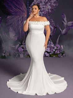 Plus Off Shoulder Mermaid Hem Maxi Wedding Dress, Plus Size White Elegant Bridal Dress White   Short Sleeve Knitted Fabric Plain Mermaid Medium Stretch  Weddings & Events, size features are:Bust: ,Length: ,Sleeve Length: Long Sleeve Bridal Dress, White Mermaid Dress, Dress White Short, Maxi Wedding Dress, Elegant Bridal Dress, Long Sleeve Bridal Dresses, Wedding Event Dresses, Wedding Dresses Videos, Plus Wedding Dresses