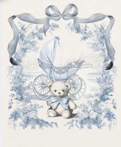 a baby carriage with a teddy bear sitting in it's seat and ribbon around the edges