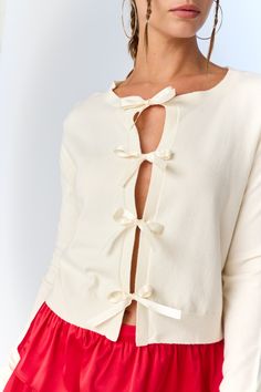 Cora Bow Cardigan- Loose Fit- Regular Length - Bow Tie Detailed- Light Weight Knit Elegant Stretch Fine Knit Cardigan, Elegant Stretch Knit Cardigan, Cream Stretch Cardigan For Layering, Elegant Knit Sweater For Daywear, Spring Fine Knit Stretch Cardigan, Spring Stretch Fine Knit Cardigan, Elegant Knit Sweater, Spring Stretch Cardigan For Daywear, Cream Knit Cardigan For Daywear