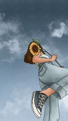 a drawing of a person with a sunflower on their head holding a golf club