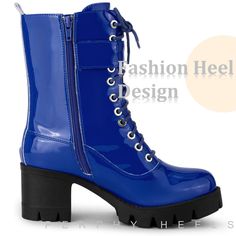 Trendy Mid-calf Boots With Reinforced Heel, Blue Round Toe Platform Boots For Winter, Blue Round Toe Platform Boots For Fall, Fall Blue Platform Boots With Round Toe, Blue Winter Platform Boots With Round Toe, Trendy Patent Leather Heeled Boots For Spring, Trendy Spring Patent Leather Heeled Boots, Spring Trendy Patent Leather Heeled Boots, Trendy Blue Mid-calf Boots For Fall