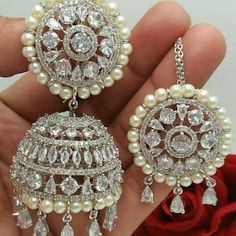 White American Diamond Chandbali Bridal Earrings, White Stone Work Jhumkas As Gift, Silver Diamond Jhumkas For Wedding, Traditional Silver Diamond Jhumkas, White Stone Work Jhumkas For Gift, White Jhumkas With Stone Work For Gift, Gift White Stone Work Jhumkas, White Hand-set American Diamond Bridal Earrings, Silver Cubic Zirconia Bridal Earrings For Festivities