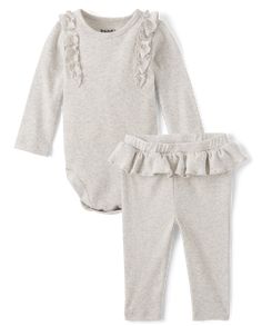 FABRICATION: 98% cotton/2% spandex rib-knit, imported BODYSUIT: Snap closures at bottom, rib-knit crew neck, long sleeves, flutter trim at shoulders PANTS: Pull-on elasticized waistband, ruffle trim We're making a difference! We've proudly partnered with Better Cotton to improve cotton farming globally. When you buy cotton styles from us, you're helping to support sustainable cotton farming. Learn more at bettercotton. org/massbalance. Part of our BUNDLES BABY PLACE collection MADE WITH LOVE OEK Fitted Solid Color Sets With Ruffles, Stretch Cotton Playwear Sets, Stretch Cotton Sets For Playwear, Fitted Cotton Sets With Ruffles, Stretch Cotton Sets With Ruffles, Stretch Cotton Ruffle Sets, Ruffle Bodysuit, Cotton Farming, Making A Difference