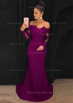 Elastic Satin Prom Dress Outfits For Women Sheath Column Off The Shoulder Court Train With Lace Fitted Long Sleeve Off Shoulder Dress For Prom, Purple Off-shoulder Evening Dress, Las Vegas Dress, Prom Dress Pictures, Sweep Train Prom Dress, Navy Prom Dresses, Dark Red Dresses, Mini Homecoming Dresses, Prom Dresses With Pockets