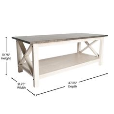 a white coffee table with measurements for the top and bottom shelf on each side,