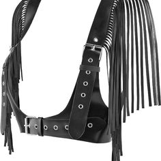 Hook And Eye Closure Dry Clean Only Material: 100% Pu Leather, Adjustable Underbust Waist Belt, And Shoulder Strap. Size: The Highest Hold Is 11 Inches/28cm In Length, The Lowest Hole Is 16.9 Inches/43cm, And The Strap Width Is 1.3 Inches/3.4cm. Tassel Length: 11 Inches/28cm. The Belt Front Width: 1.7 Inches/4.5cm, Back Width:3.3inches/8.3cm. Leather Harness, Black Accessories, Black Fringe, Leather Projects, Buckle Belt, Burning Man, Waist Belt, 11 Inches, 16 9