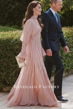 Kate Middleton Pink Long Sleeve A-line Wedding Guest Dress Inspiration Images A Line Evening Gowns Elegant, Kate Middleton Evening Dress, Kate Middleton Dresses Gowns, Pink Dress Elegant Long Sleeve, Mother Of The Bride Dresses Long Elegant, Prince Of Jordan, A Line Wedding Guest Dress, Celebrity Wedding Guest, Princess Kate Wedding Dress