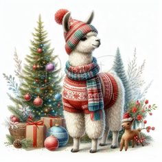 a painting of a llama wearing a sweater and hat next to a christmas tree