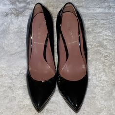 Never Worn. Black Patent Leather Shoes With 3.5" Wood Heels. Black Court Shoes With Sculpted Heel And Almond Toe, Miu Miu Low Heel Patent Leather Heels, Miu Miu Patent Leather Low Heels, Black Calf Leather Heels For Formal Occasions, Sleek Black Court Shoes With Deep Heel Cup, Miu Miu Heels With Padded Heel For Evening, Chic Miu Miu Heels With 4-inch Heel, Miu Miu Closed Toe Heels For Formal Occasions, Miu Miu Closed Toe Formal Heels