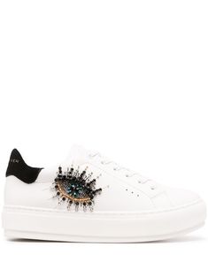 white/black leather embellished eye motif sequin embellishment front lace-up fastening round toe velvet heel branded heel counter branded insole chunky rubber sole Tenis Kurt Geiger, Bolsas Kurt Geiger, Kurt Geiger Sneakers, Wishlist Christmas, Kurt Geiger Shoes, Eye Motif, Tennis Shoes Outfit, Sequin Embellishment, Velvet Heels