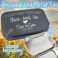 personalized metal tins with wedding date and message on them in the sunflower field