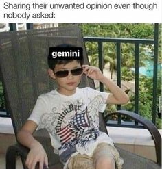 a young boy sitting in a chair with sunglasses on his head and the caption saying, sharing their unwanted opinion even though nobody asked leo