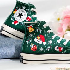 Welcome to LunnNest, a hand embroidered items shop. These are the most meticulously embroidered shoes that I give to you. I embroider them carefully and thoroughly with skillful hands. Converse type: Converse High Tops Chuck Taylor 1970s Converse color:  7. 1970s_Green Price includes: Shoes + Embroidery as Pictured I can buy it for you at a store near your home or you can send me the canvas shoes you have available. Your embroidered Converse, Vans shoes are ready to ship in 8-16 days. I need thi Converse Types, Snowflakes Embroidery, Embroidery Sneakers, Santa Claus And Reindeer, Shoes Embroidery, Embroidered Converse, Snowflake Embroidery, Embroidered Items, Christmas Shoes