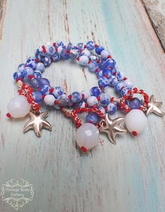 Red Blue White Boho Bracelet Navy Bracelet  Blue  White Handmade Blue Star Bracelet, Handmade Blue Star-shaped Bracelet, Bohemian Style Bracelet With Starfish Charm, Bohemian Star-shaped Beaded Bracelet, Bohemian Starfish Bracelet For Gift, Bohemian Starfish Bracelet As Gift, Bohemian Starfish Bracelet As A Gift, Handmade Star Bracelets For Beach, Navy Bracelet