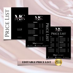 three black and white brochures with the words price list