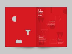 a red brochure with white shapes on the front and back cover is shown