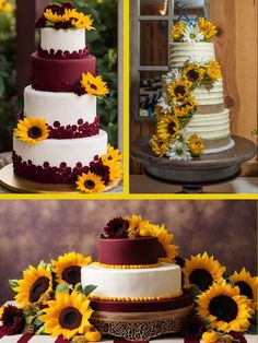 sunflowers and other flowers decorate this wedding cake