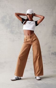 Brown Wide Leg Trousers Wide Leg Sweats, Pleated Pants, Orange Brown, Wide Leg Trousers, Model Measurements, Pacsun, Snap Button, Aesthetic Clothes, Womens Bottoms