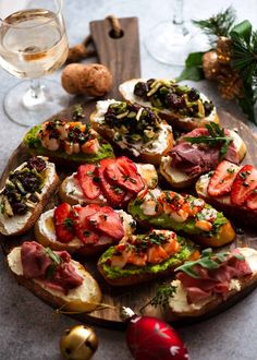 an assortment of appetizers are displayed on a platter