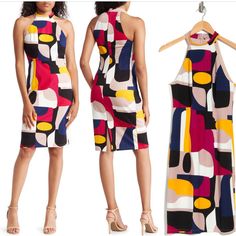 Exude Sophisticated Style In This Halter Neck Sheath Dress Featuring An Abstract Print In Vibrant Hues. Halter Neck Sleeveless Back Zip Closure Abstract Print Back Vent 79% Rayon, 16% Nylon, 5% Spandex Dry Clean Imported Model Stats: 5'10" Height, 32" Bust, 25" Waist, 36" Hip. Model Is Wearing Size 2. Item # 7252110 Elegant Multicolor Midi Length Bodycon Dress, Elegant Stretch Multicolor Mini Dress, Elegant Sleeveless Multicolor Bodycon Dress, Elegant Multicolor Sleeveless Bodycon Dress, Elegant Multicolor Stretch Mini Dress, Elegant Fitted Multicolor Bodycon Dress, Fitted Multicolor Midi Dress For Day Out, Chic Multicolor Fitted Bodycon Dress, Chic Multicolor Bodycon Mini Dress