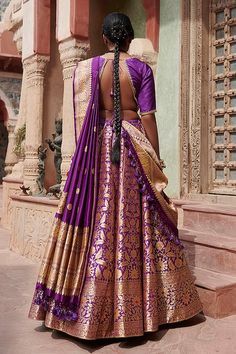 Buy Purple Pure Silk Printed Floral V Neck Bageecha Banarasi Lehenga Set For Women by Weaver Story Online at Aza Fashions. Purple Silk Lehenga, Lehenga Blouse Designs Silk, Purple Banarasi Lehenga, Festival Banarasi Silk Pre-draped Saree With Tilla, Meenakari Raw Silk Choli For Saree, Anarkali Choli In Banarasi Silk With Traditional Drape, Silk Lehenga With Meenakari In Traditional Drape, Traditional Silk Lehenga With Meenakari Detailing, Anarkali Banarasi Silk Choli With Traditional Drape