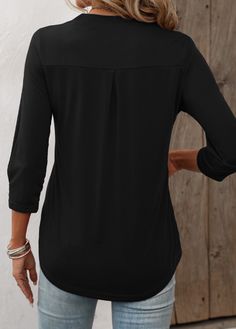 Trendy Black Blouse With 3/4 Sleeves, Black Plain, Plain Color, Shirt Sale, Black Rings, Neck T Shirt, Black Color, Split, On Sale