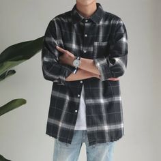 Harajuku Male, Casual Plaid Shirt, Oversized Long Sleeve Shirt, Shirts Oversized, Flannel Pattern, Plaid Shirt Men, Plaid Shirts, Korea Style, Checkered Shirt