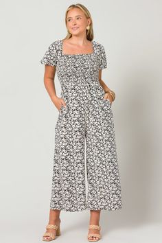 Chic Short Sleeve Jumpsuits And Rompers With Floral Print, Chic Floral Print Jumpsuit With Short Sleeves, Casual Wide Leg Jumpsuit With Smocked Bodice, Chic Wide Leg Jumpsuits And Rompers With Floral Print, Casual White Jumpsuits And Rompers With Smocked Bodice, Casual Floral Print Jumpsuit With Short Sleeves, Casual Floral Print Jumpsuits And Rompers With Short Sleeves, Flower Jumper, Blue Door