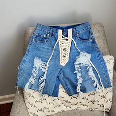 Lace Up Jean Shorts! Super Cute And Sexy Jean Shorts, They Lace Up The Front And Have Openings On The Leg For An Extra Sexy Look! The Jean Shorts Have A Zipper To Ensure The Lace Will Not Break. Never Worn! Casual High-cut Leg Bottoms For Beach, Casual High-cut Leg Spring Bottoms, Casual High-cut Leg Summer Pants, Upcycle Clothing, Shorts With Lace, Diy Shorts, Vintage Mom, Black Jean Shorts, White Halter Maxi Dress