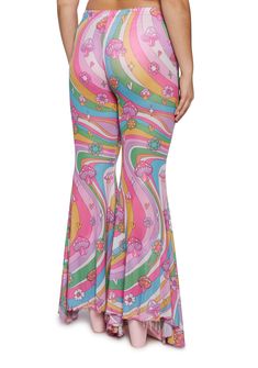 cuz welcome to your psychedelic fairytale. These pants have a mesh construction, an all over trippy mushroom floral print, an elastic waistband, a flared leg silhouette, and a lettuce hem. Retro Flare Bottoms For Festival, Multicolor Flare Hippie Bottoms, Hippie Flare Bottoms For Spring, Groovy Flare Bottoms For Summer, Hippie Style Flared Bottoms For Spring, Groovy Flared Bottoms For Summer, Hippie Style Multicolor Flare Bottoms, Groovy Pants For Spring Festival, Multicolor Floral Print Hippie Bottoms